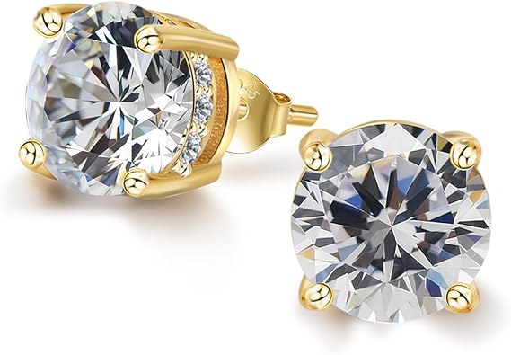 Hypoallergenic Cubic Zirconia Stud Earrings for Women & Men 24K Gold Plated Sterling Silver Post, Big Brilliant CZ Simulated Diamond Halo Studs Sensitive Ear Friendly Fashion Jewelry Gift SE-30 Gold Round 01, 6mm