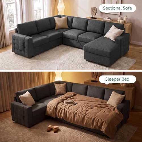 Image of HONBAY Sectional Sleeper Sofa with Pull-Out Bed Storage Chaise, 6 Seater Couch for Living Room, Middle Grey
