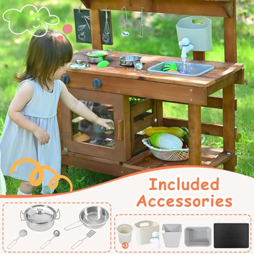 Image of Mud Kitchen for Kids Outdoor 31.5in, Wooden Play Kitchen with Accessories for Kids Play Kitchen Set with Sink, Faucet, Plants Observation Room for Backyard Garden