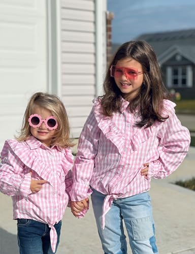 Image of Girls Sleeveless Plaid Button Down Shirt Summer Crop Tops Tie Knot Ruffle Sleeve Shirt Blouse 3-12Y
