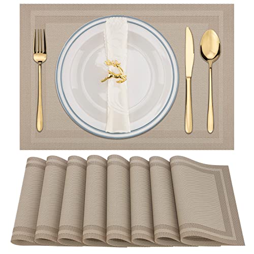 Winknowl Placemats Set of 8，Heat Resistant Woven Vinyl Washable PVC Place Mats，Non-Slip Stain Resistant Indoor/Outdoor Table Mats for Dining Table (Gold)