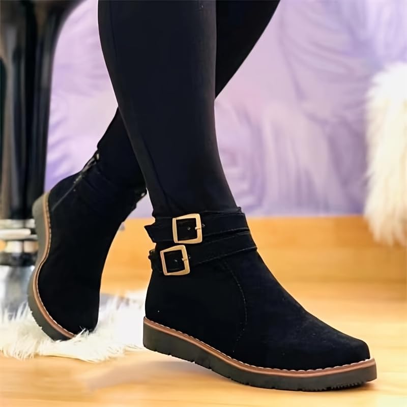 Women's large-size flat short boots with belt buckle design. Casual and fashionable. Anti-slip and durable. Suitable for autumn and winter.