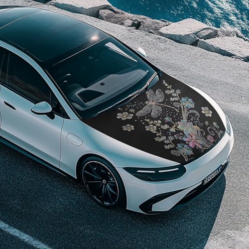 Image of Renewold Car Hood Cover for Automobile Dragonfly Flower Vehicle Hood Protector Decor Outdoor Hood Wrap Blanket Auto Accessories for Leaves Gift for Friend Family Car Lovers