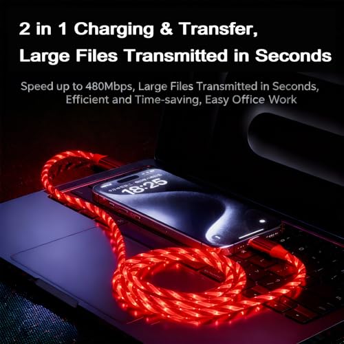 Image of AYI USB C to A Charging Cable 3.3ft, LED Glowing Starry Sky Light-Up Cord, PVC Tangle-Free Fast Charging Cable with Smart Chip, Data Transfer Sync Cord for USB-C Devices, Red.