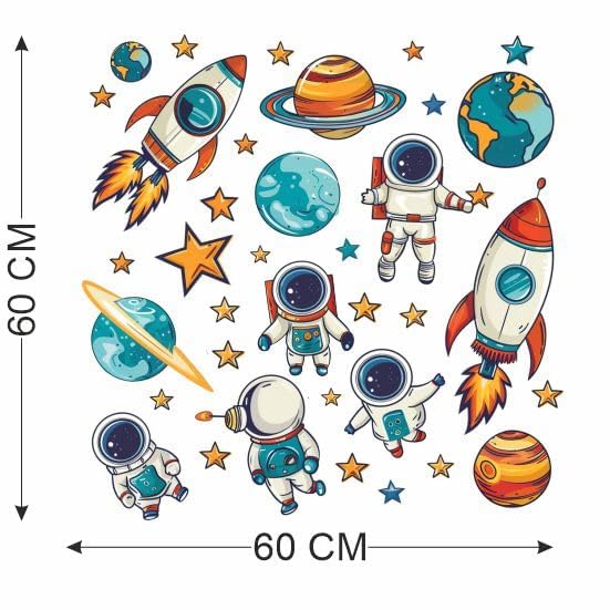 Image of Space Theme Wall Sticker for Ki-ds | Self Adhesive Astronaut, Rocket & Planet PVC Wall Decal for Nursery, Bedroom & Playroom Decor
