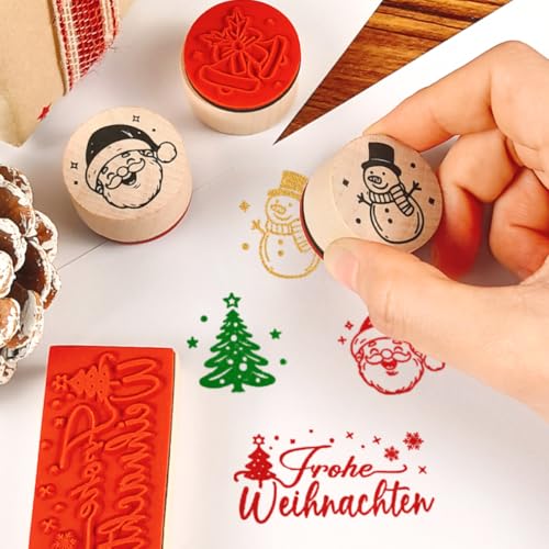 9Pcs Stempel Weihnachten Holz, Frohe Weihnachten Stempel mit Stempelkissen, Klein Motivstempel für Kartenbasteln Scrapbooking Geschenkpapier, Weihnachtsstempel