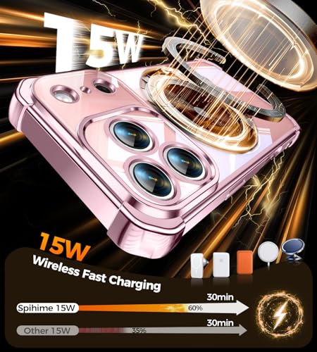 Image of Soft Case for iPhone 17 Pro with 360 Rotating Magnetic Stand, Compatible with Mag-Safe, 4X MIL-Drop Protection, Lightweight Glossy Anti-Yellowing Clear Back Phone Cover for iPhone 17 Pro 6.3 inch, Pink