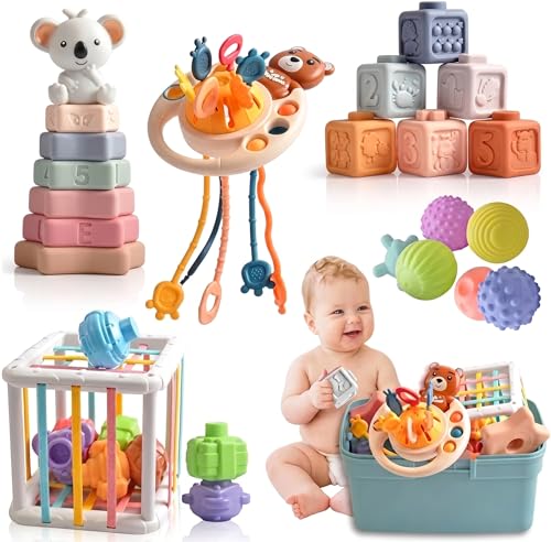 Image of Baby Montessori Sensory Toys 6 to 12 Months, Travel Stroller Infant Toy | 6-in-1 Pull String Activity Toy, Koala Stacker, Soft Blocks, Shape Sorter Developmental Gift for 6-36 Months Boys & Girls