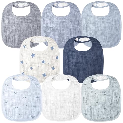 Image of Bearmoss Baby Bibs for Drooling and Teething 100% Cotton Muslin Bibs for Baby Boy & Girl,Adjustable, Ultra Absorbent,8 Pack