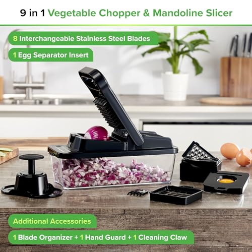 PrepNaturals Vegetable Chopper with Container, Veggie Chopper, Food Chopper & Onion Chopper - Mandoline Slicer for Kitchen (12 in 1, Black)