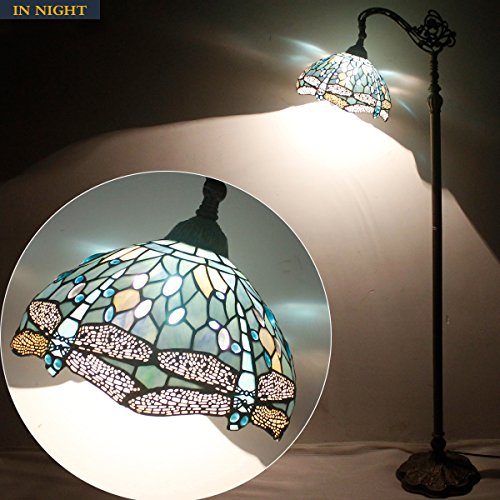 WERFACTORY Tiffany Lamp Shade Replacement 12X6 Inch Sea Blue Stained Glass Dragonfly Lampshade Only 1-5/8-Inch Fitter Opening for Arched Floor Lamp, Torchiere Lamp, Pendant Light S147 Series