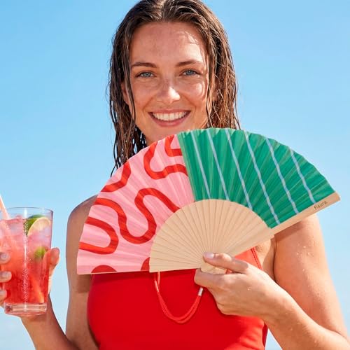 Fisura Origineller Fächer mit Wellen- und Streifendruck, moderner und bunter Holzfächer, rosa und grün, inklusive Aufhänger, lustige Geschenkidee, 42,5 x 23 cm
