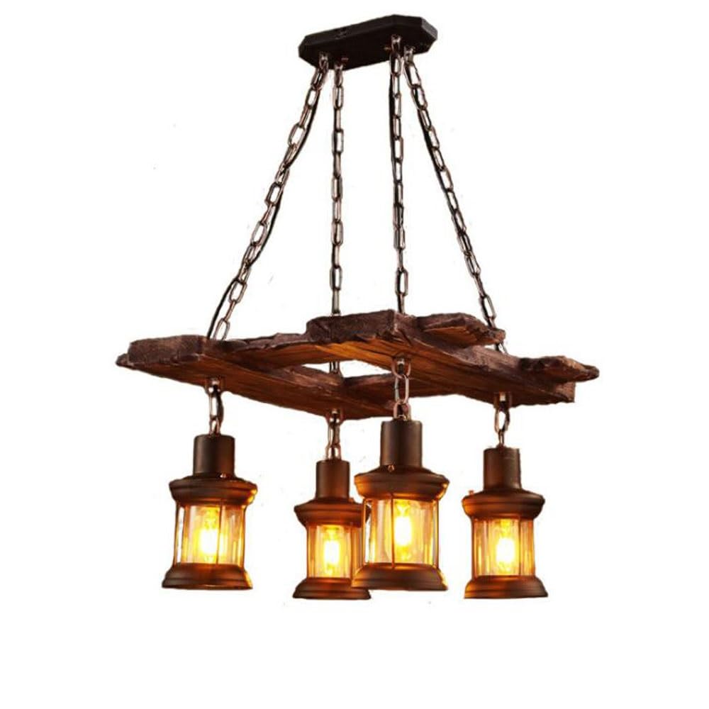 Bloohk One Color 4-Light Rustic Wood Chandelier, Industrial Farmhouse Pendant Light With Glass Lanterns, Vintage Wood Slab Hanging Fixture For Dining Room, Kitchen, Bar