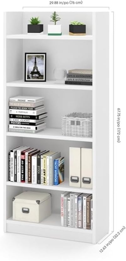 Pemberly Row 5 Shelf Bookcase, White Finish, Vertical Storage for Books and Decor, Clean Open Shelf Design, Home Office or Living Room Organization, Space-Saving Upright Profile