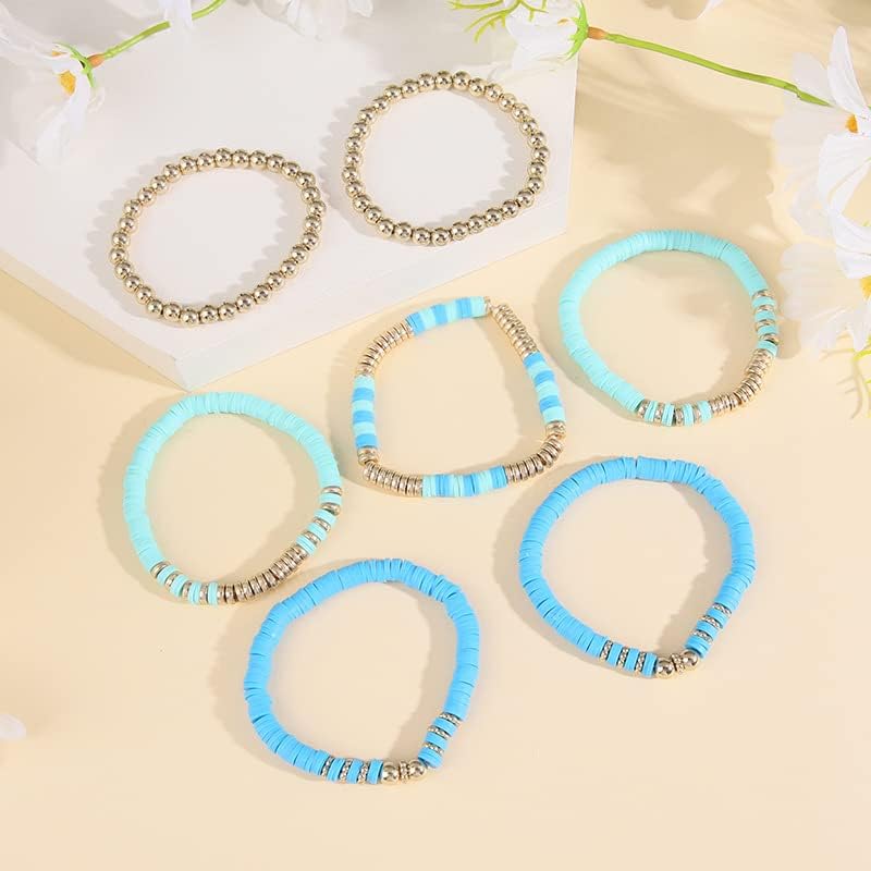 Miniatura 5 de Caiyao Juego de 7 pulseras Heishi Surfer de colores con disco rosa bohemio para mujer, apilables, cuentas de arcilla Ploymer, pulseras elásticas con