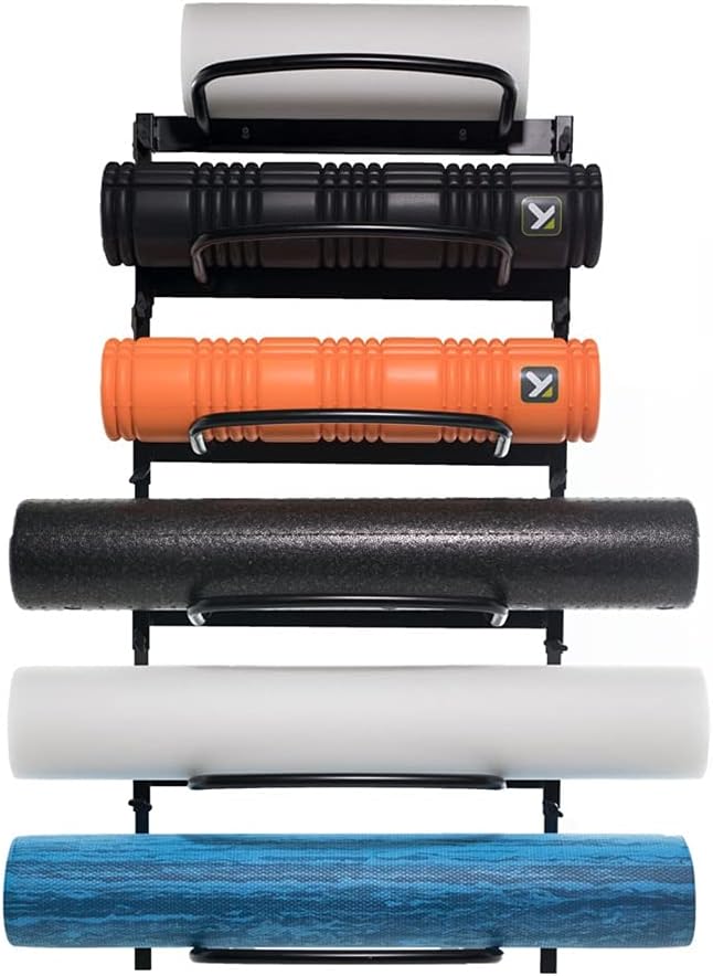 Power Systems Foam Roller Storage Rack – Wall Mounted Vertical Organizer for Home & Commercial Gym Use, Heavy-Duty Steel, Holds 6 Rollers, 9.5" x 23" x 49", Black