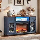 Joaxswe Farmhouse Fireplace TV Stand, 59' Entertainment Center with Electric Fireplace & LED Lights for TVs up to 65'', Glass Door Fire Place TV Stands for Living Room, Media Console w/Drawers, Blue