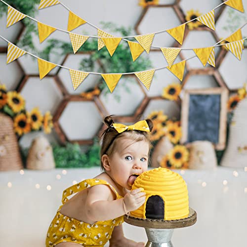 Image of Zwiebeco 32Ft Yellow White Plaid Stripe Wavy Fabric Bunting Banner Triangle Flags Cotton Garland Pennant for Birthday Wedding Baby Shower Tea Party Classroom Nursery Home Outdoor Garden Decorations