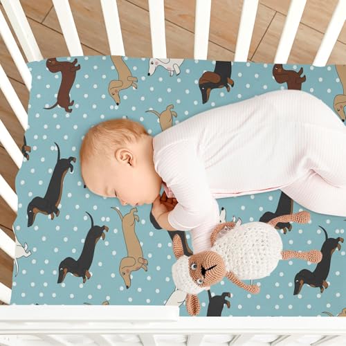 Image of Dachshund Dogs Polka Dots Blue Fitted Crib Sheet for Boys Girls Baby Crib Bedding Set for Crib Mattress,52 X 28 in