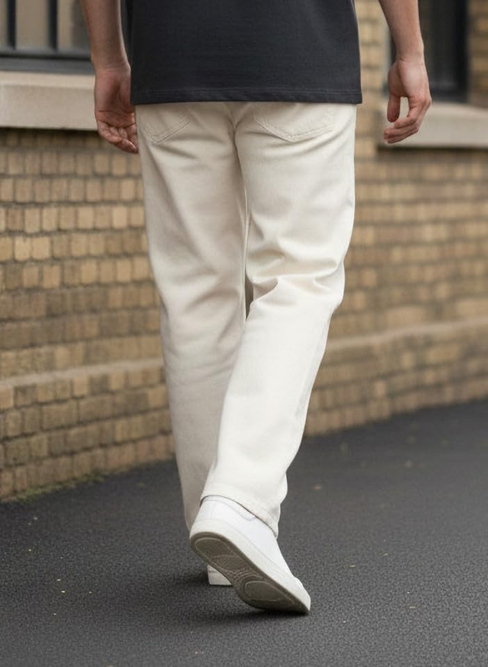 Image of Beige Baggy Men Jeans, Cotton Denim, Regular Fit, Straight Leg, Mid Rise, Stretchable, Casual