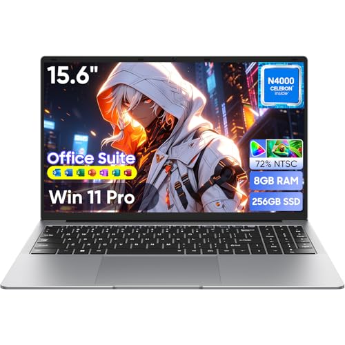 15,6" Ordinateur portable Win11 Pro avec 8 Go de RAM,SSD 256 Go,MS Office 365,écran 100 % sRGB,processeur N4000, Wi-Fi 5 double bande,Bluetooth 4.2, USB-A, HDMI, écran FHD 1920 x 1080 (N4000 8+256)