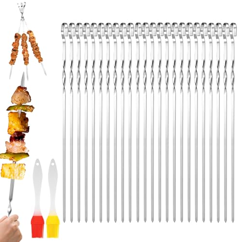 20Pièces Brochettes Inox pour Barbecue, Avec 3Pinceaux à Huile,Brochette Réutilisables Pour Barbecue30cm,pour Barbecue,Bbq Brochettes,Brochettes De Légumes,Viande