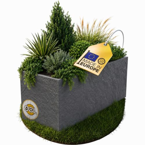 Ondis24 Vulkan Pflanzkübel groß außen Kunststoff 100cm Schiefer Optik Blumentopf mit Wasserspeicher Winterfest anthrazit