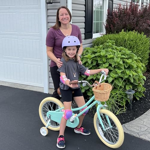 Petimini 14 Inch Little Kids Bike for Age 3 4 5 Years Old Girls Retro Vintage Style Bicycles with Basket Training Wheels and Bell, Mint Green