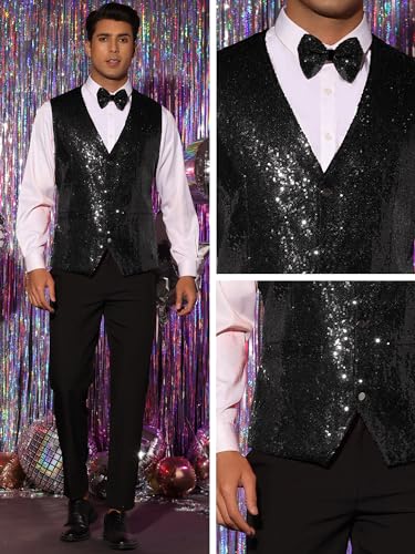 Lars Amadeus Sequins Vest for Men's V-Neck Slim Fit Shiny Disco Party Sleeveless Waistcoat Bowtie4