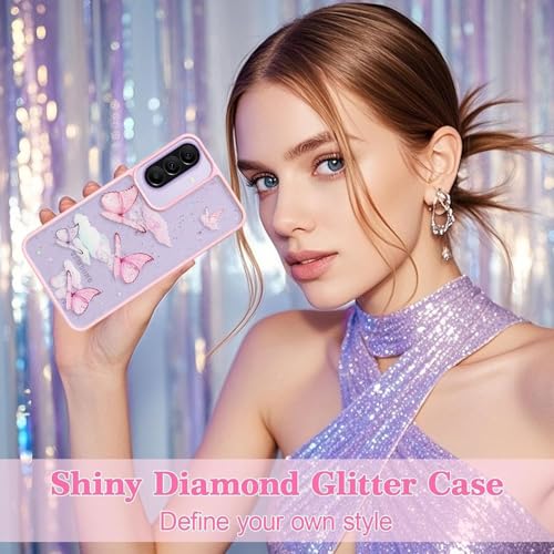 Image of VONZEE for Samsung Galaxy A57 Clear Glitter Butterfly Case, Cute Bling Sparkle Shiny Soft Silicone TPU Bumper Shockproof Women Girls Slim Protective Phone Cover for Samsung Galaxy A57, Pink