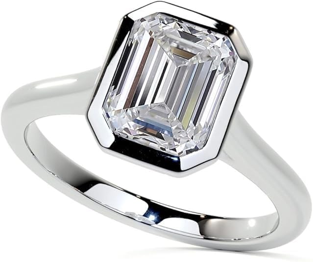 1-4 CT Emerald Moissanite Engagement Ring Bezel Set Solitaire | Diamond Anniversary Ring for Women | 925 Sterling Silver, 10K/14K/18K Solid Rose/White/Yellow Gold