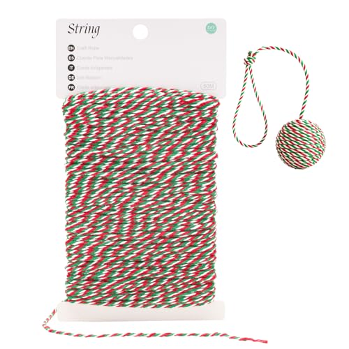 G2PLUS 50M Ficelle Coton Noël: Cordelette Bicolore Rouge Vert Blanc 2MM Ficelle Cadeau Decorative Cordes pour l'emballage de Cadeaux de Noël et Bricolage Artisanat