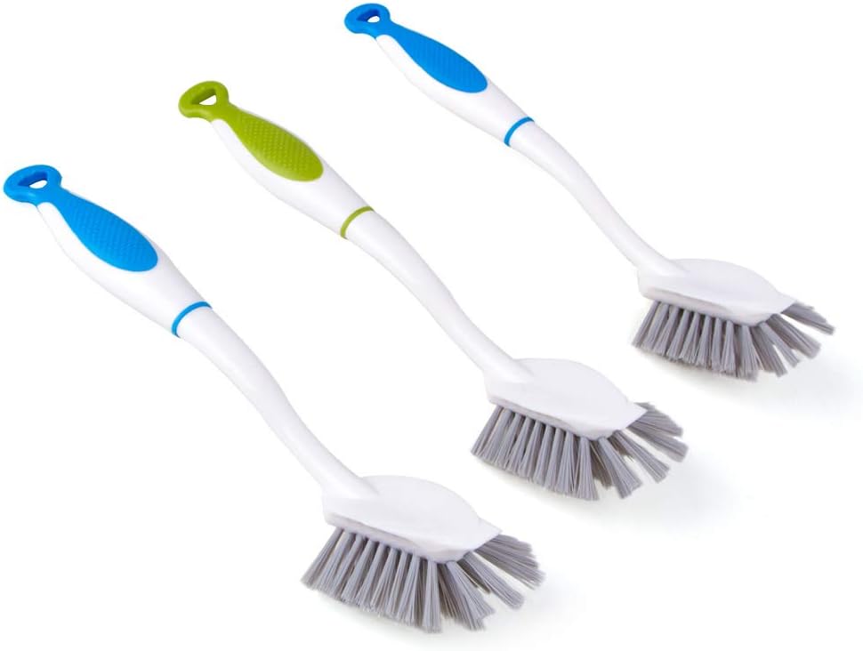 MR.SIGA Dish Brush with Long Handle Built-in Scraper, Scrubbing Brush for Pans, Pots, Kitchen Sink Cleaning, Pack of 3