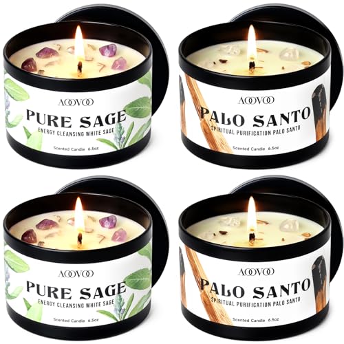 Image of AOOVOO 4 Pack Sage Candles - 2 Sage & 2 Palo Santo Candle Set with Crystals & Decor, 26oz 200 Hours Long Lasting, Non Toxic Candles for Spiritual House Energy Cleansing