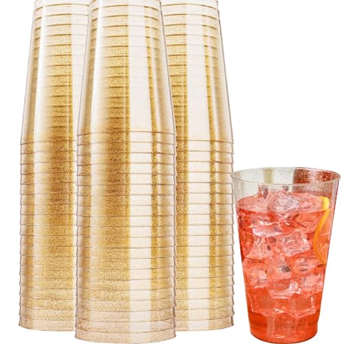 50 Stück Premium Plastikbecher, 300ml Hartplastik Partybecher mit Goldglitter, Mehrweg Kunststoff Trinkbecher, Cocktailgläser Für Whiskey Pudding Mousse Party, Hochzeiten, Strand und Picknick