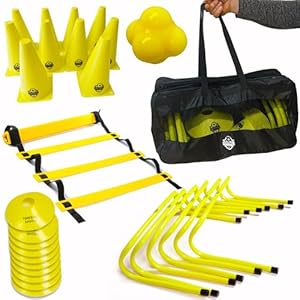 Football Master ™ Fitness Speed Training Equipment Exercise Aid Set Includes 6 X Speed Hurdles 1 x 6 metre Agility ladder with 12 Rungs 10 X Traffic Cones,10 marker cones 1 X Reaction Ball Carry bag