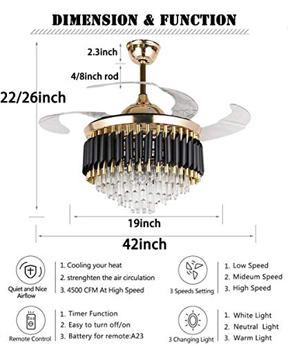 Fandian 42" Crystal Ceiling Fan With Light Remote Control Chandelier Retractable Fandelier, Luxury 3 Color Lighting For Dining Room, Living Room #TOP2