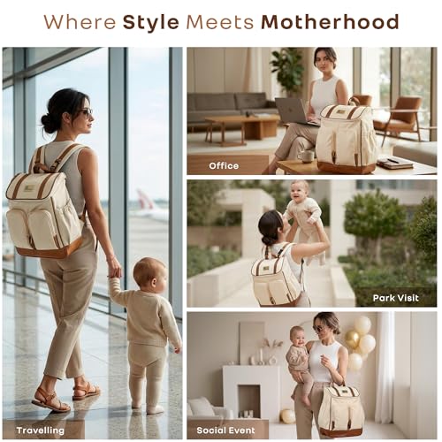Image of R for Rabbit Caramello Bold Hazel Diaper Bag for Moms, Premium Vegan Leather Baby Travel Bag with Insulated Bottle Pockets, 10 Multi-Purpose Pockets Maternity Backpack, 37 Litre Capacity (Cream Brown)