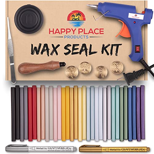 Wax Stamp Kit - 16 Colors, Quick Melt WaxGun, 4 Wax Stamp Seal Heads, Cooling Disk -2 Metallic Color Pens - Wax Sealing Kit for Wedding Invites, Gift Wraps, Letter Wax Seal Stamp Kit for Christmas