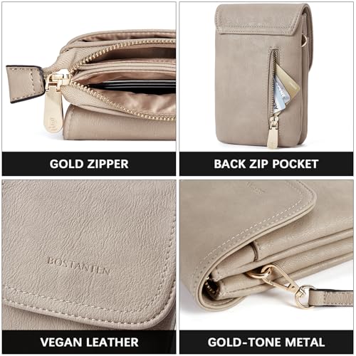Image of BOSTANTEN Leather Small Crossbody Bags for Women Designer Cell Phone Bag Wallet Purses Adjustable Strap Retro Grey
