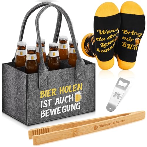 Qualità eccellente: la borsa da birra da uomo è realizzata in feltro ispessito di alta qualità, stabile e resistente, che facilita il trasporto di bottiglie di vino; Il design dello scomparto rende le bottiglie sicure e stabili, quindi non sono facili da schiacciare o danneggiare durante il trasporto; Le pinze per grigliate sono realizzate in materiale di legno di alta qualità, i divertenti calzini da uomo sono in cotone e l'apribottiglie è in acciaio inossidabile