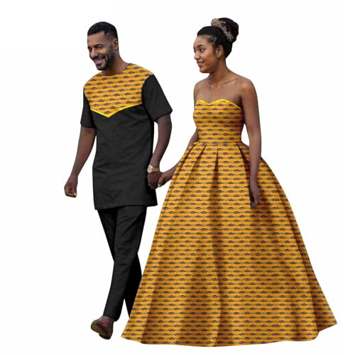 African Coupleswear Matching Women Strapless A Line Dress and Ankara Printed Fabric Men's Short Sleeve Suit(B,Men-Large)