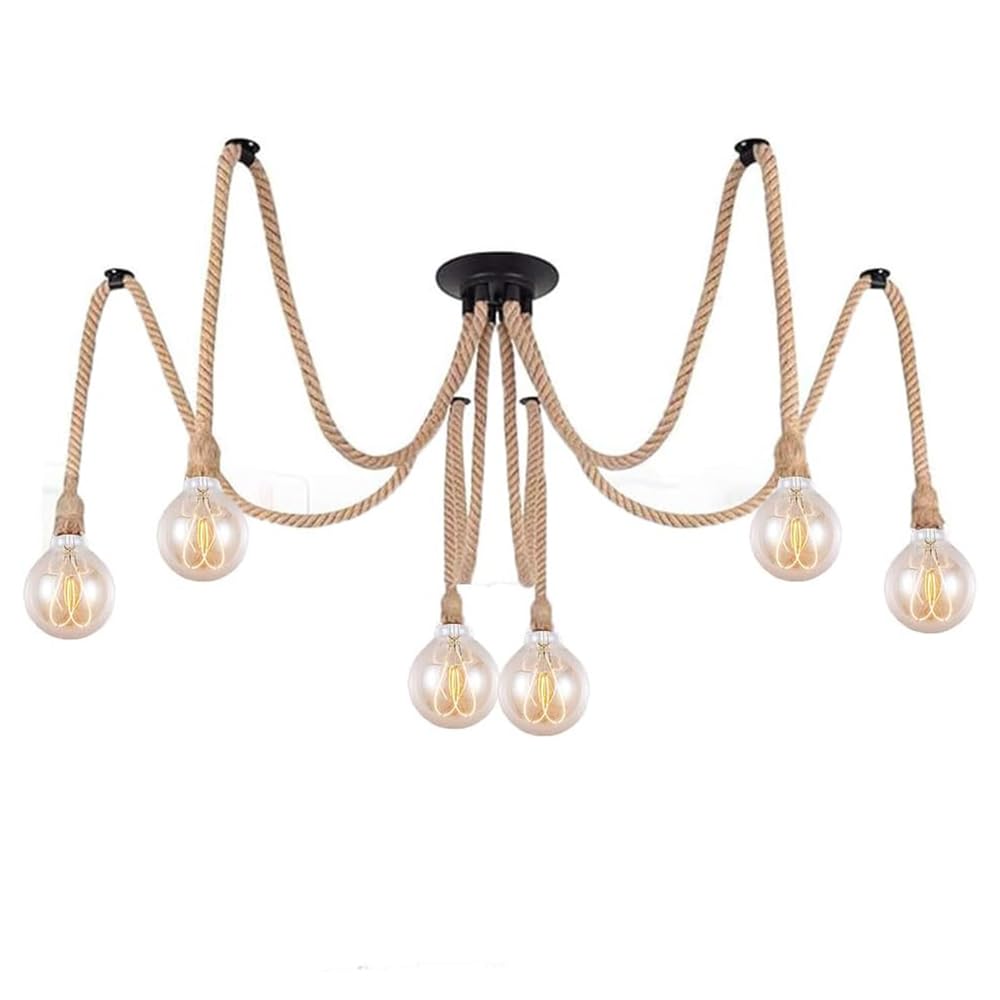 Mengjay DIY Hemp Rope Retro Industrial Chandelier,Pendant Light Fitting,Retro Ceiling Light E27 Lamp Holder/Living Dining Room Restaurant Pendant Lights/Ceiling Hanging Light Fixture (6 Lights)