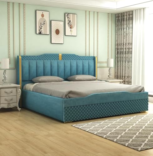Image of Luxury Queen Size Upholstered Storage Bed with Diamond Tufted Padded Headboard | Premium Velvet Fabric Platform Bed Frame | Solid Wood Structure | Modern Bedroom Furniture | Ocean Blue