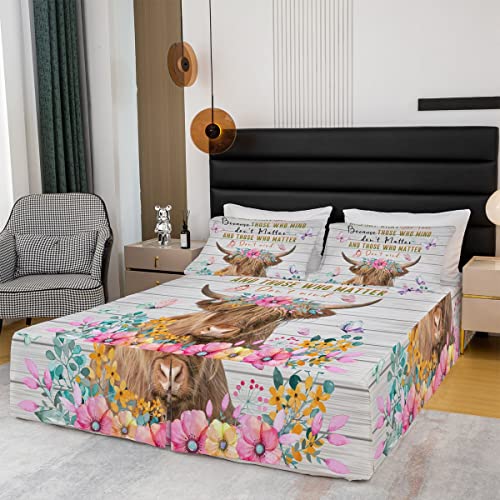 Highland Cow Flower Bed Skirt King Size Brown Bull Cattle Bed Skirts Western Funny Animal Bedskirt Wildlife Farmhouse Cow Bedding Decor Butterfly Floral Grey Planks Bedroom Decor #TOP2