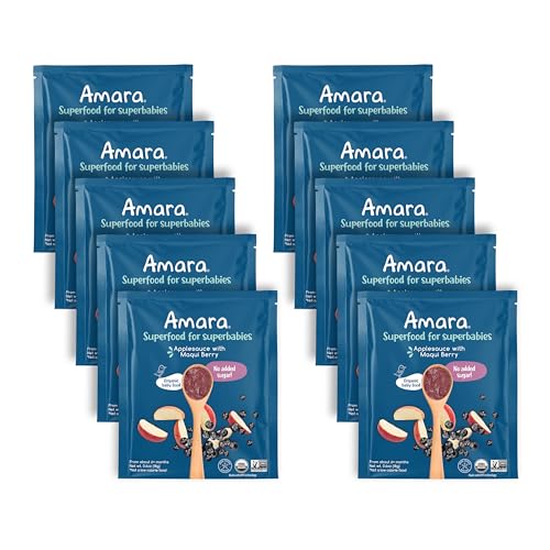 Image of Amara Organic Baby Food - Stage 2 - Applesauce & Maqui Berry - Baby Cereal to Mix With Breastmilk, Water or Baby Formula - Shelf Stable Baby Food Pouches Made from Organic Fruit - 10 Pouches, 3.5oz Per Serving