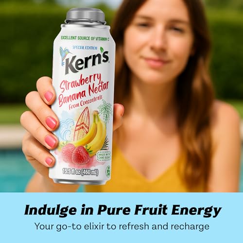 Image of Kern's Strawberry Banana Nectar Lata Botella - Fresh Fruit Puree & Tropical Fruit Juice Concentrate for Smoothie Mix, Cocktail Mixers & Kids Beverages - 15.5oz, 12 Pack Resealable Juice Bottles