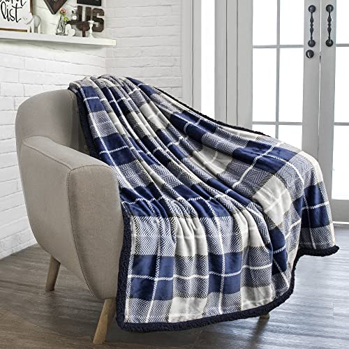 Pavilia Premium Plaid Sherpa Fleece Throw Blanket | Super Soft, Cozy, Plush, Lightweight Microfiber, Reversible Throw For Couch, Sofa, Bed, All Season (50 X 60 Inches Navy Blue) #TOP12