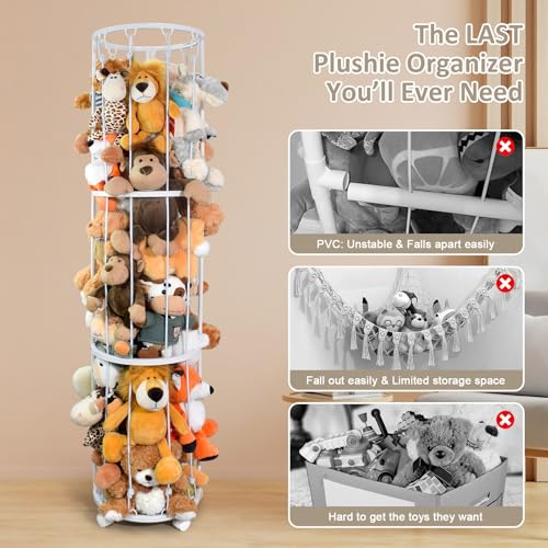 Image of Stuffed Animal Storage Zoo, Metal Plushies Toy Storage Organizer, Tube Stuffed Animal Holder with Brake Wheels, Space Saving Plush Toy Holder for Playroom Bedroom Nursery (White)