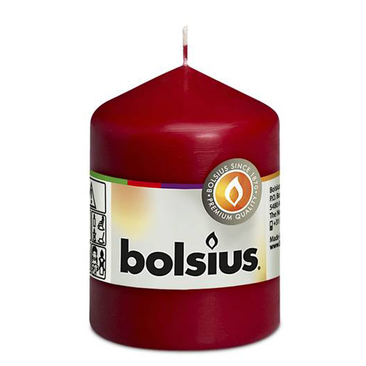 BOLSIUS Pillar Candle, Wine Red, Paraffin Wax, 6x6x8 cm